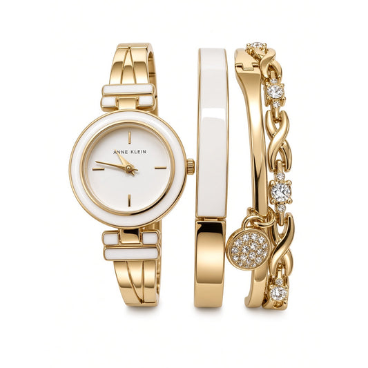 $175 | Anne Klein Crossover Bangle Watch and Bracelet Set (White / Gold-Tone)