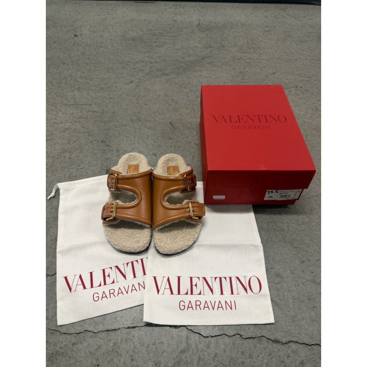 Valentino Garavani Tan Leather Double-Buckle Shearling Slide Sandals 38.5